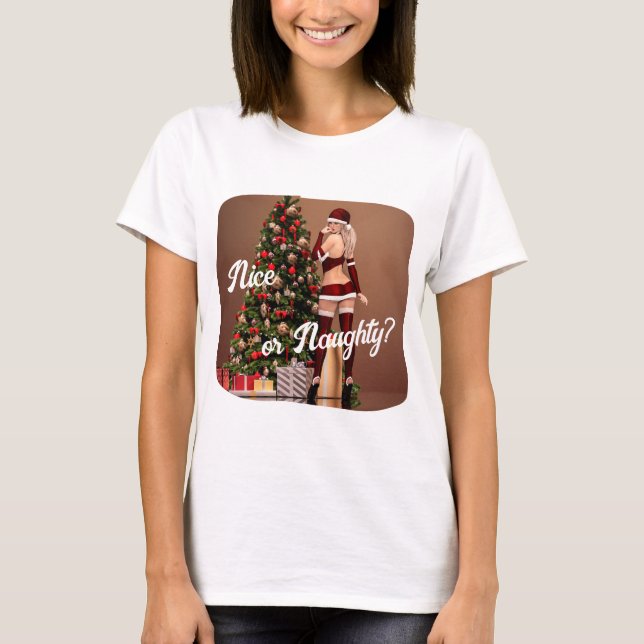 Camiseta Sexy Santa Chica cerca del árbol de Navidad (Anverso)