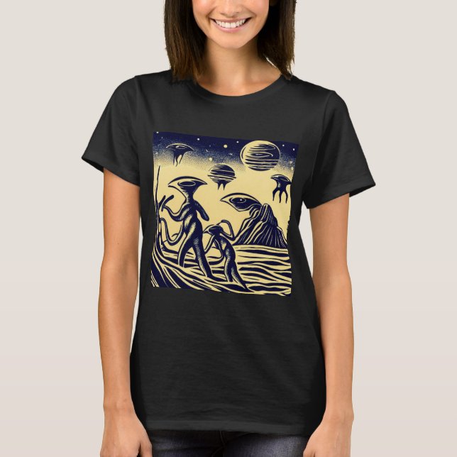Camiseta SF - Extranjeros En Un Extraño Planeta Woodcut 1 (Anverso)