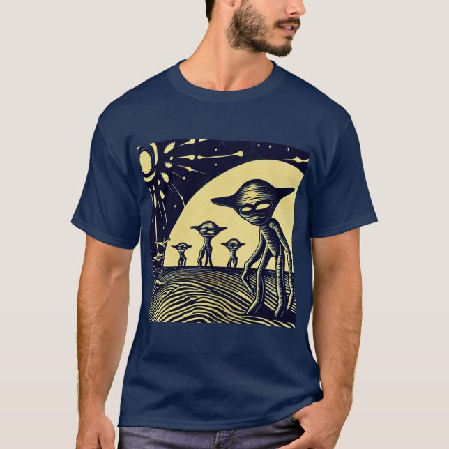 Camiseta SF - Extranjeros En Un Extraño Planeta Woodcut 2 (Anverso)