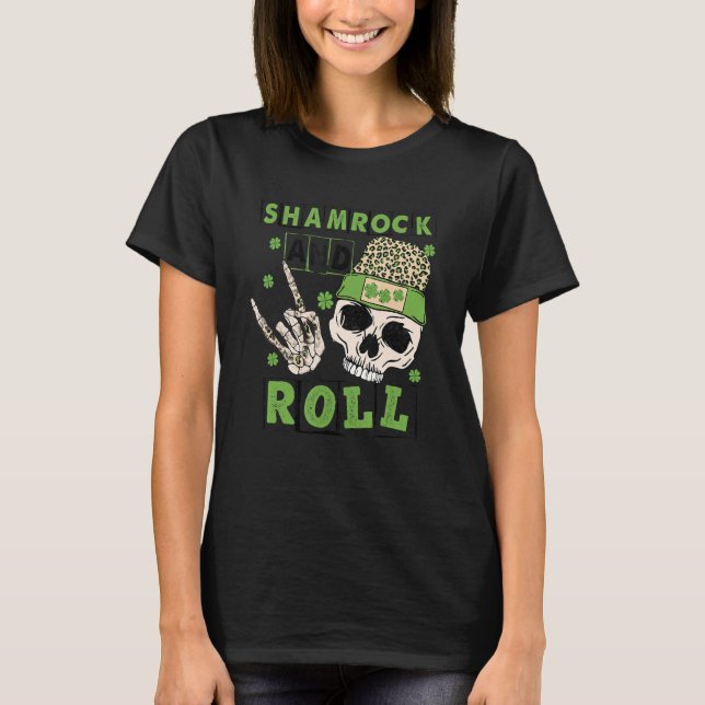 Camiseta Shamrock and Roll Funny Skeleton Hand Rocker St Pa (Anverso)