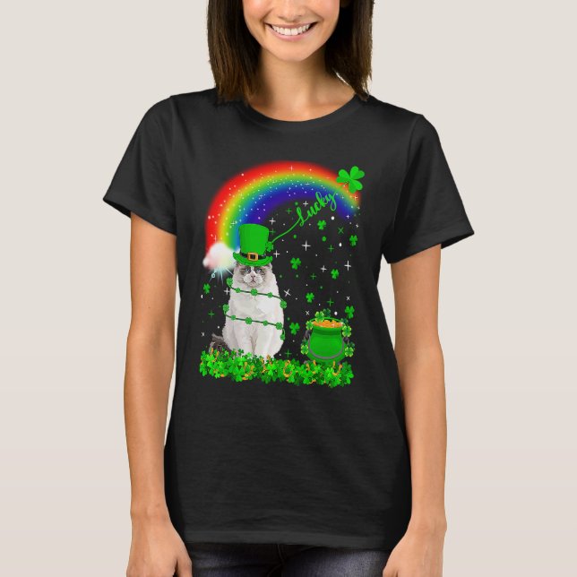 Camiseta Shamrock irlandés Rainbow Lucky Ragdoll Cat St Pat (Anverso)
