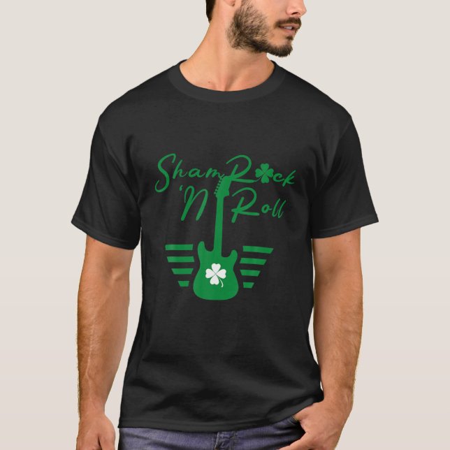 Camiseta Shamrock N Roll Guitar St Patricks Day Guitarista  (Anverso)