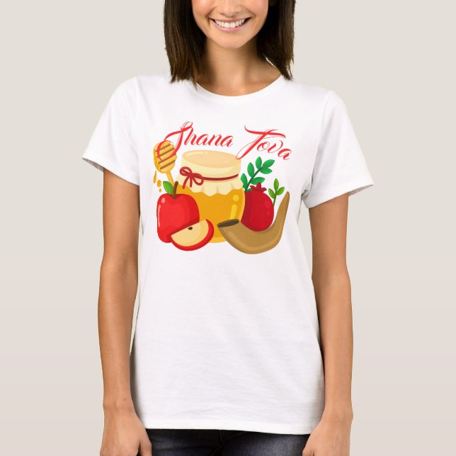 Camiseta Shana Tova con manzanas, miel, granada (Anverso)