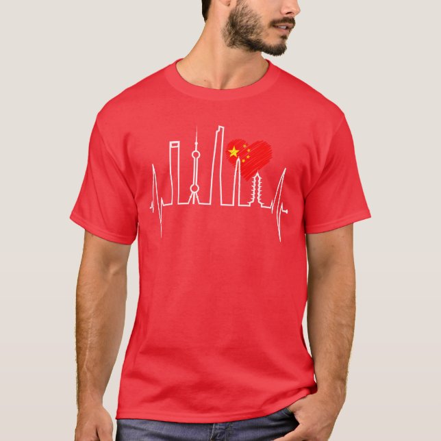 Camiseta Shanghai Skyline Heartbeat Heart China I Love Asia (Anverso)