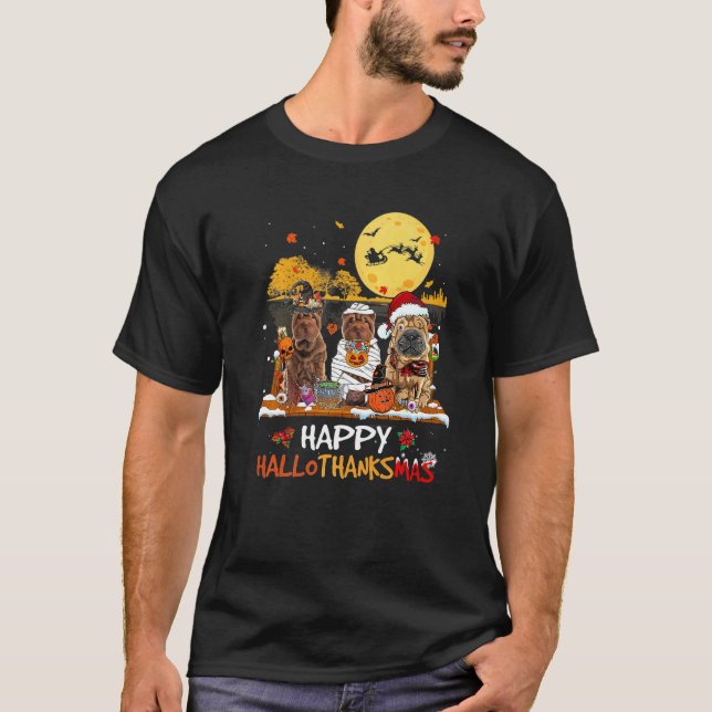 Camiseta Shar Pei Happy Hallothanksmas Halloween Thanksgivi (Anverso)