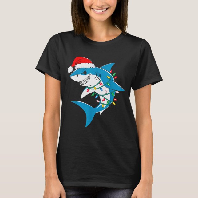 Camiseta Shark Christmas Lights Santa Hat Xmas Pajama Boys  (Anverso)