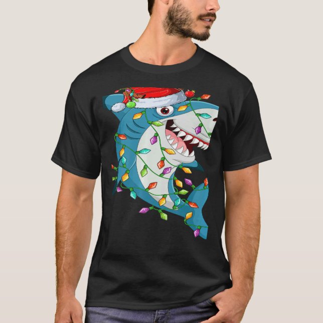 Camiseta Shark Xmas Lights Reindeer Santa Shark Christmas   (Anverso)