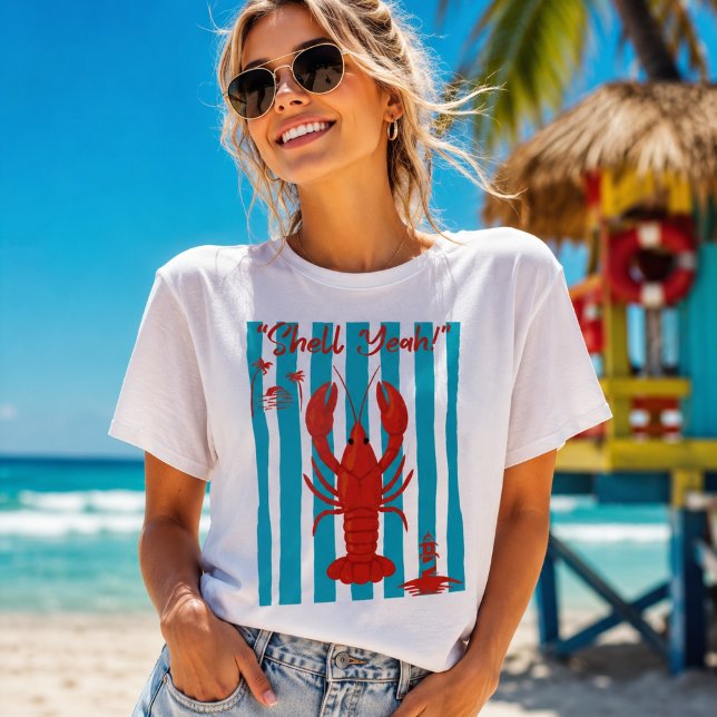 Camiseta "Shell Yeah" Funny Red Lobster Beach Stripes T-Shi (Subido por el creador)
