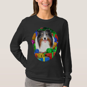 Camiseta Sheltie Navidades abren regalos azul Merle