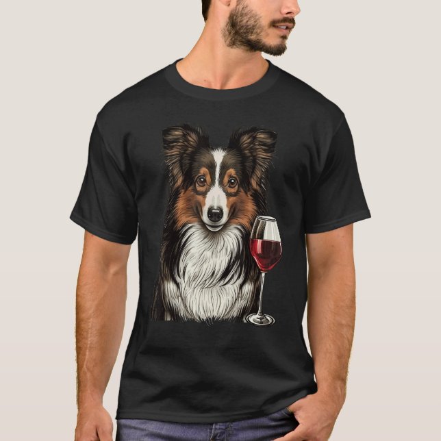 Camiseta Sheltie Red Wine drinking Shetland Sheepdog (Anverso)
