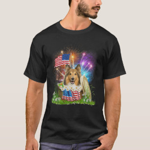 Camiseta Shetland Sheepdog American Flag Fireworks 4 Of J