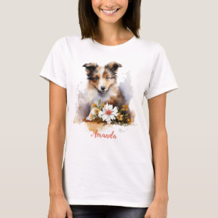 Camiseta Shetland Sheepdog Puppy Mascota Flor acuática