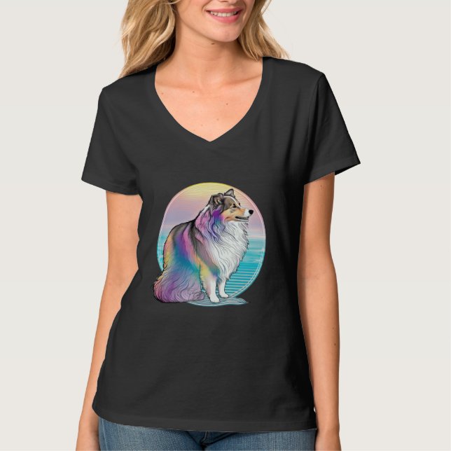 Camiseta Shetland Sheepdog Vaporwave Retrowave Aesthetic (Anverso)