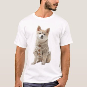 Camiseta Shiba Inu acogedor en cárdigan de punto de cable b