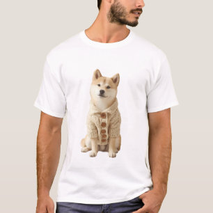 Camiseta Shiba Inu acogedor en cárdigan de punto de cable c