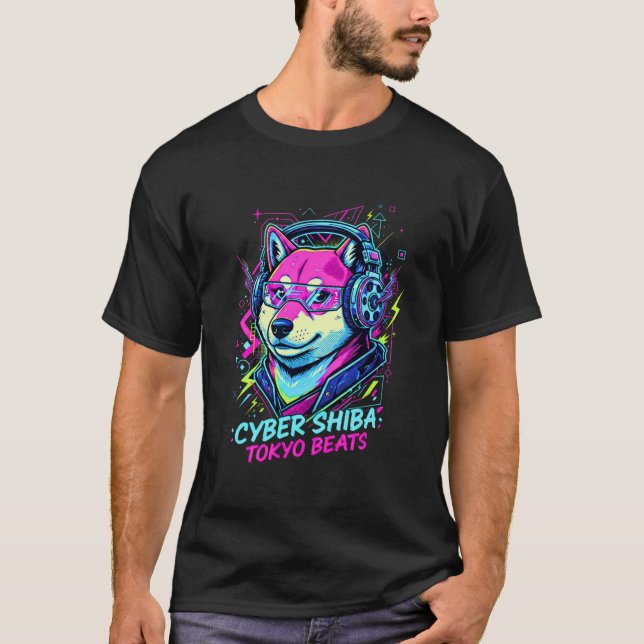 Camiseta Shiba Inu Cassette DJ - Neon Cyberpunk Tokyo (Anverso)