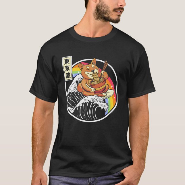 Camiseta Shiba Inu Comiendo Ramen Surfing Kanagawa Wave Jap (Anverso)