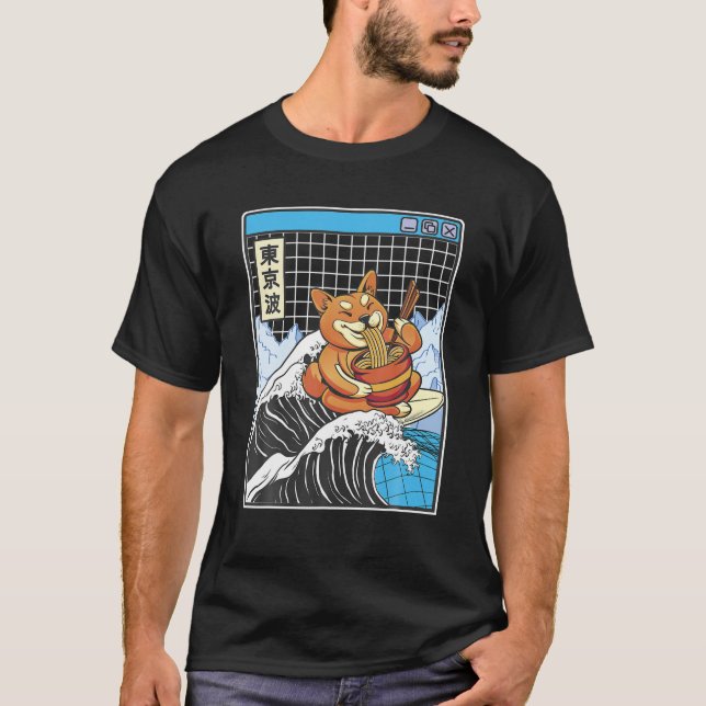 Camiseta Shiba Inu Comiendo Ramen Surfing Kanagawa Wave Jap (Anverso)