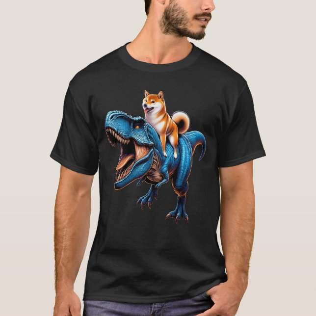 Camiseta Shiba Inu montando el amante de los dinosaurios (Anverso)