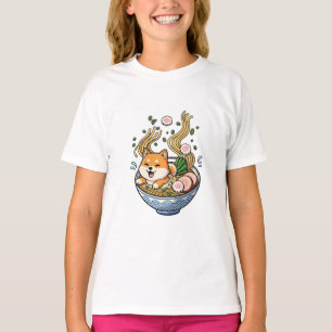 Camiseta Shiba Inu nadando en un tazón de ramen para niños
