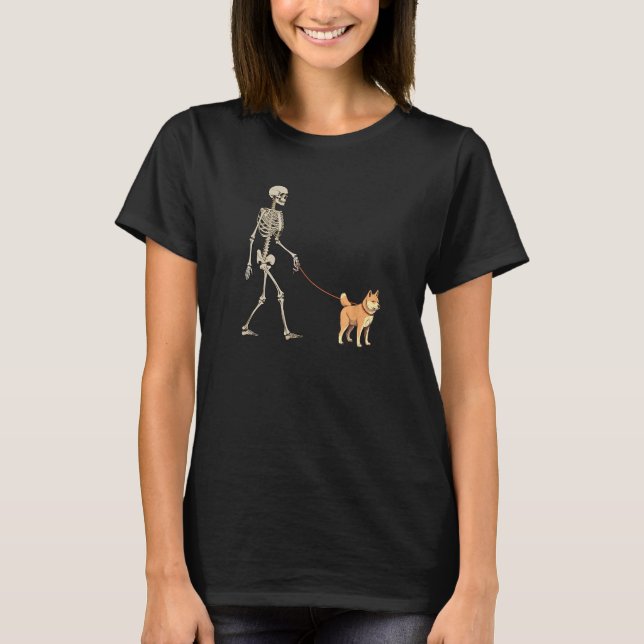 Camiseta Shiba Inu Skeleton Dog Walking Halloween Dog (Anverso)