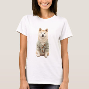 Camiseta Shiba Inu sonriente en cárdigan de punto de cable
