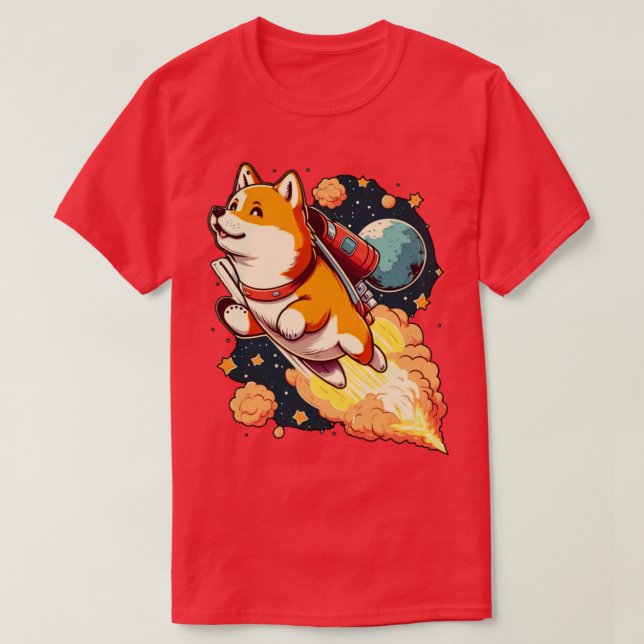 Camiseta shiba inu volando al espacio con un cohete (Diseño del anverso)