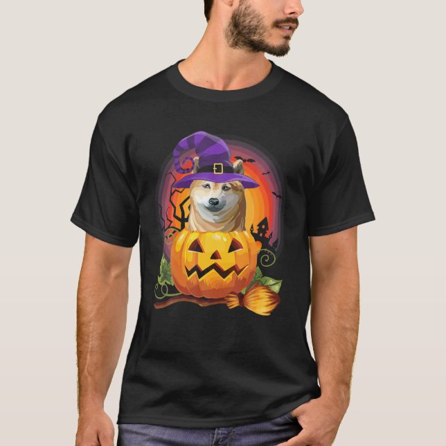 Camiseta Shiba Inu Witch Pumpkin Halloween Perro Lover (Anverso)
