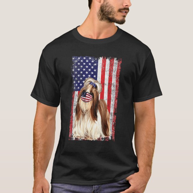 Camiseta Shih Tzu Bandera Estadounidense Porta Cara Máscara (Anverso)
