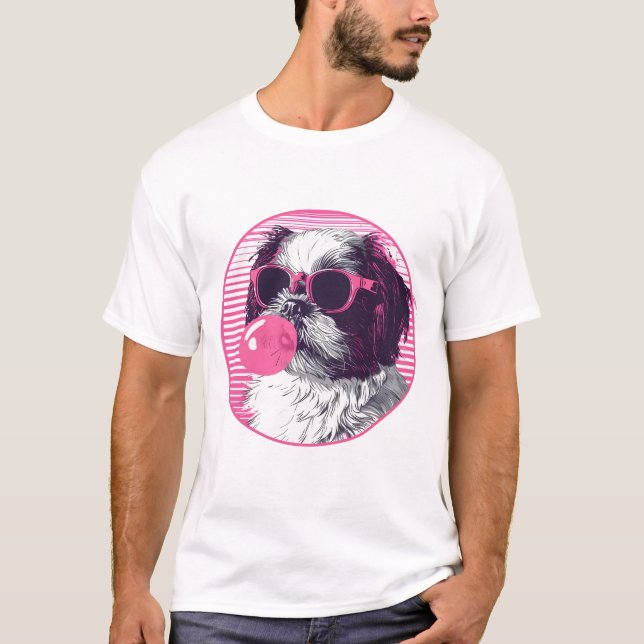 Camiseta Shih Tzu con gafas de sol y chicle rosa (Anverso)