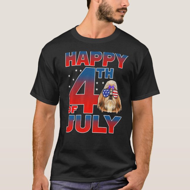 Camiseta Shih Tzu Perro Bandera Estadounidense Glass Feliz  (Anverso)