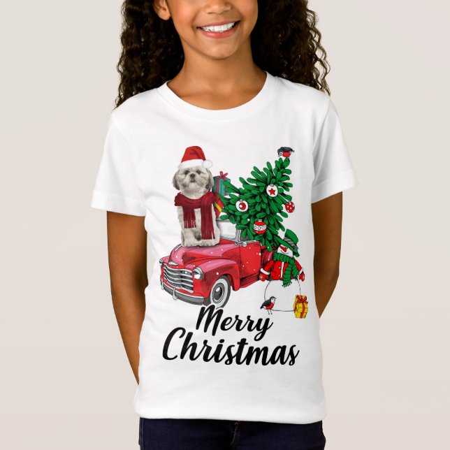 Camiseta Shih Tzu Ride Navidades de Camión Rojo Pajama (Anverso)