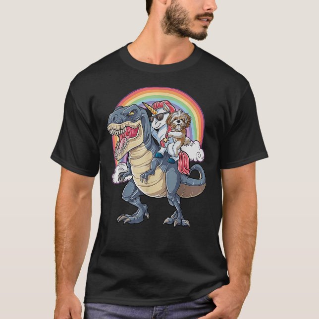 Camiseta Shih Tzu Y Unicorn Se Montan A Rex Como Jefe (Anverso)