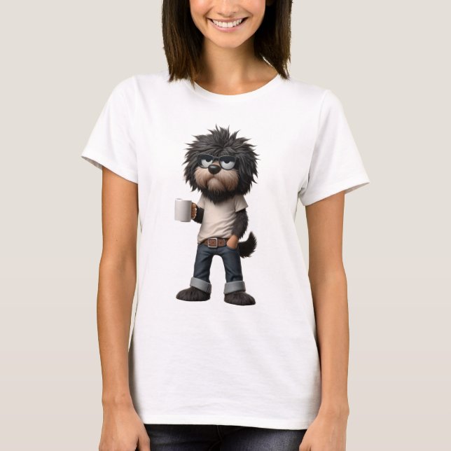 Camiseta Shirt mit Hund der eine Tasse in der Hand hat. (Anverso)