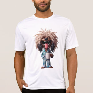 Camiseta Shirt mit Hund der eine Tasse in der Hand hat.