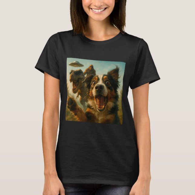 Camiseta Shocked Australian Shepherd Dog T-rex Bigfoot Ufo  (Anverso)