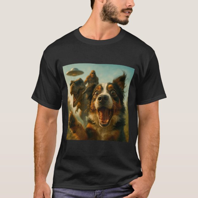 Camiseta Shocked Australian Shepherd Dog T-rex Bigfoot Ufo  (Anverso)