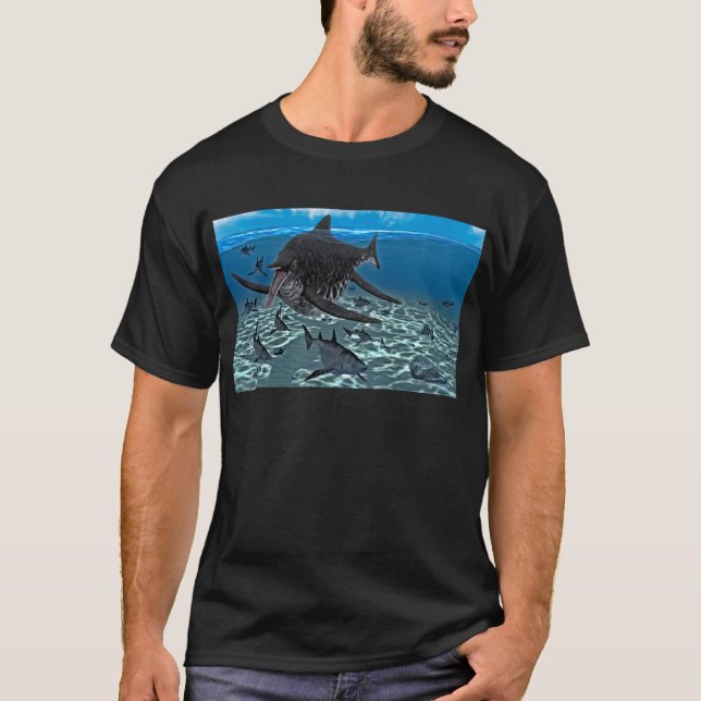 Camiseta Shonisaurus ataca tiburones en el mar (Anverso)