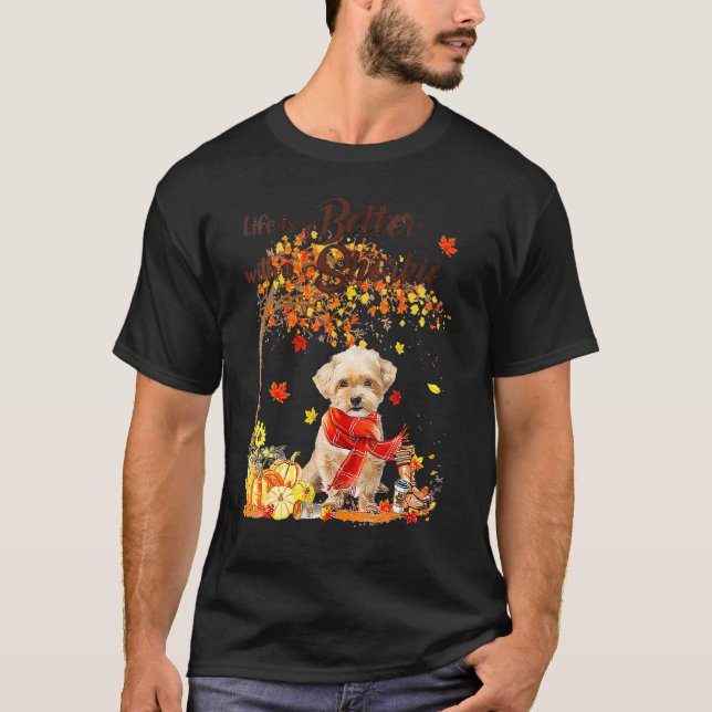 Camiseta Shorkie Maple Tree Thanksgiving Day Cute Dog Fall (Anverso)