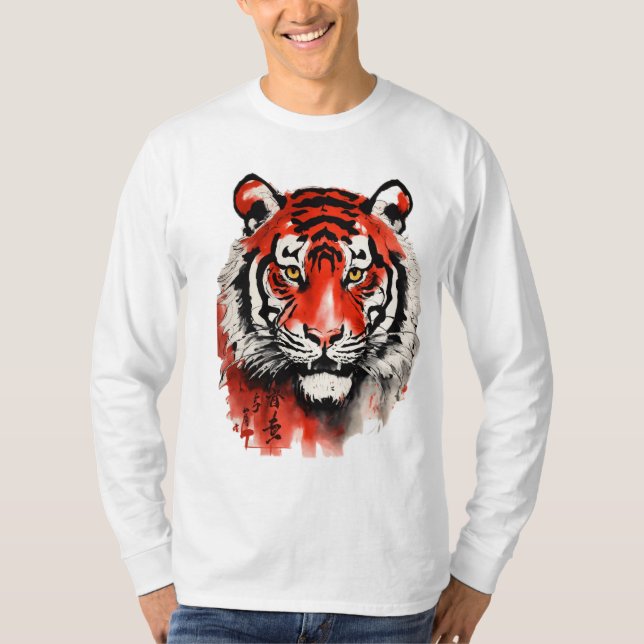 Camiseta shuǐ mò huà, 水 画 墨, tinta negra y roja, un tigre e (Anverso)