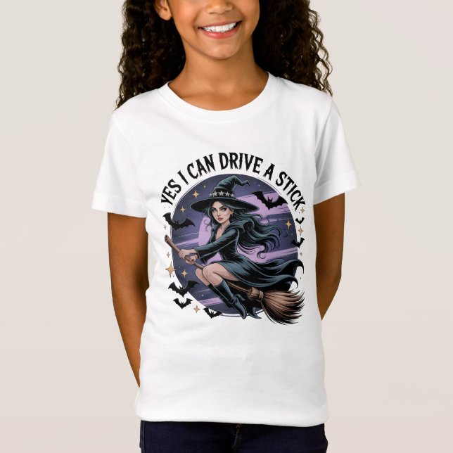 Camiseta Sí, puedo conducir una Halloween de bruja de palo (Anverso)