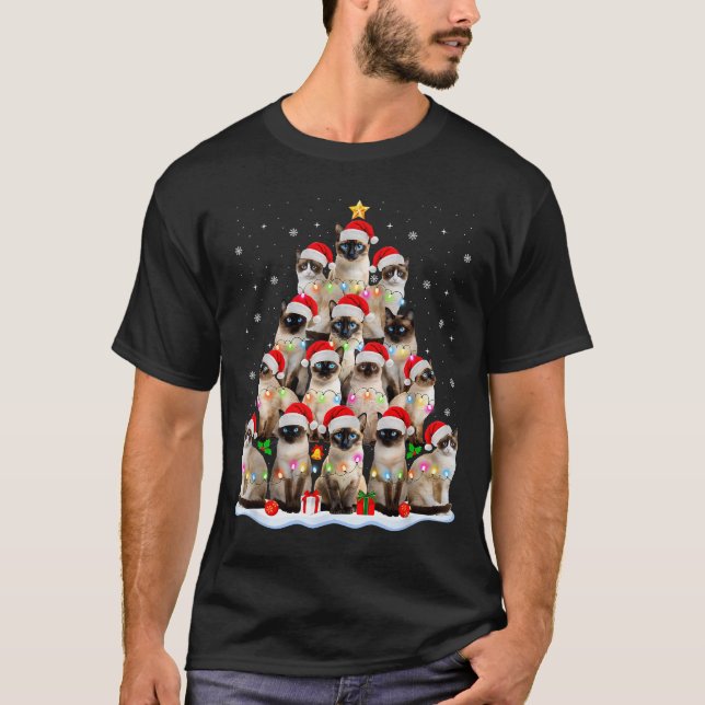 Camiseta Siamese Cat Christmas Tree Lights Xmas Catmas Cat  (Anverso)