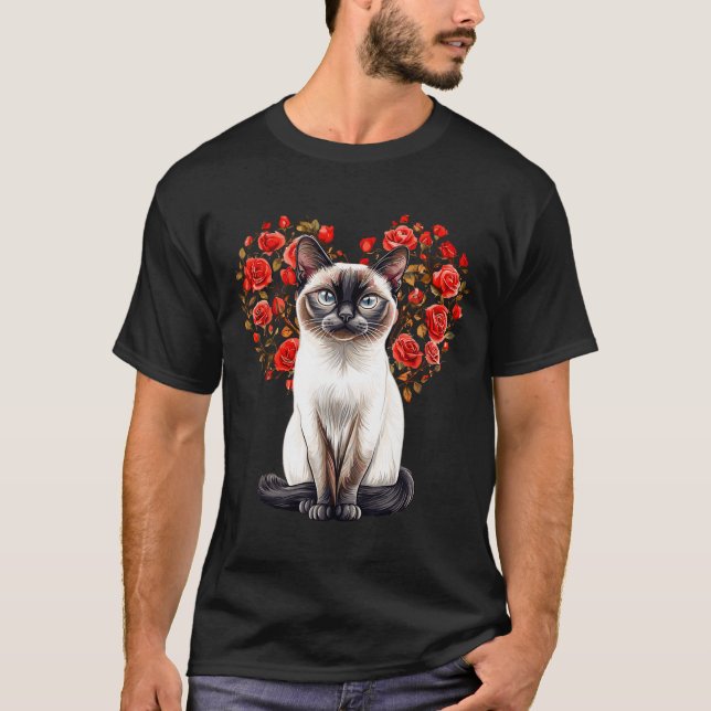Camiseta Siamese Cat Lover Floral Heart Valentines Day  (Anverso)