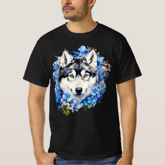 Camiseta Siberian Husky Blue Floral Watercolor Portrait