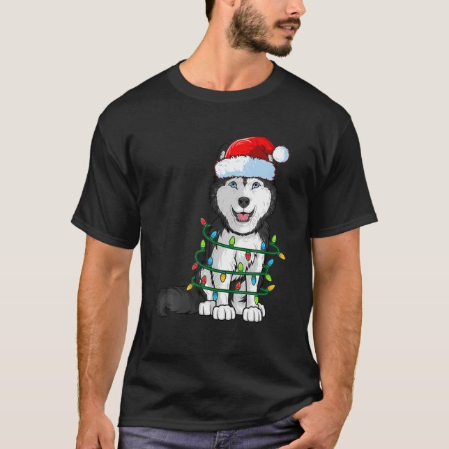 Camiseta Siberian Husky Christmas Santa Hat Xmas Lights Dog (Anverso)