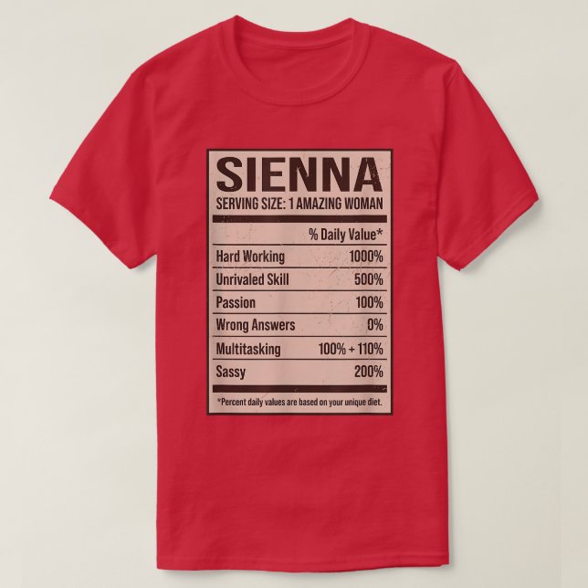 Camiseta Sienna Nutrition Facts Name Nickname Alias Title F (Diseño del anverso)