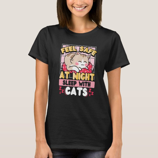 Camiseta Siéntete Seguro De Noche Dormido Con Gatos (Anverso)