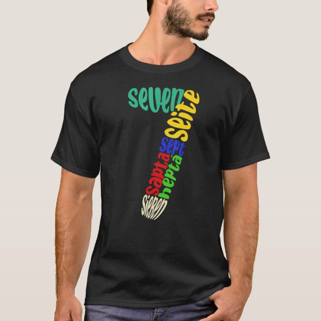 Camiseta Siete en diferentes idiomas Séptimo cumpleaños (Anverso)