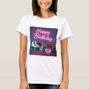 Camiseta Signo de cumpleaños feliz de neón retro en rosa y 