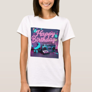 Camiseta Signo de cumpleaños feliz de neón retro en rosa y 